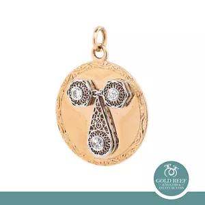 0.30 TW Old Euro Diamond Circle Pendant Charm 14K Gold Filigree Love Birds 1.25" - Picture 1 of 8