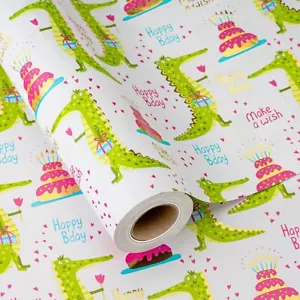 Wrappping Paper Roll Cute Crocodile Happy Birthday Gift Wrap Paper Metallic G... - Picture 1 of 6