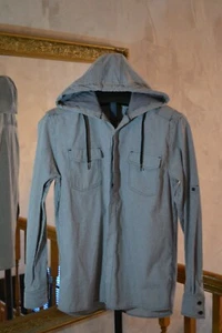 Men's Medium Sovereign Code Long Sleeve Button Shirt Hoodie Gray Stripped EXC - Picture 1 of 11
