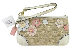 New NWT Coach Straw XL Wristlet Clutch Purse Ivory Pink Peach Gold Leather 47447 - Picture 1 of 8