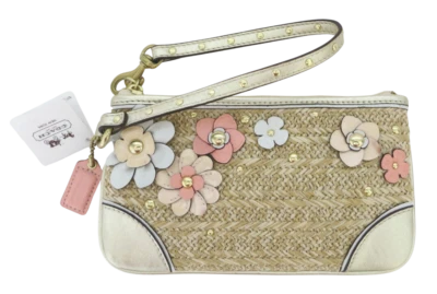 New NWT Coach Straw XL Wristlet Clutch Purse Ivory Pink Peach Gold Leather 47447 - Image 1 of 4