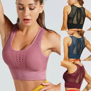 Women's Sports Bra Yoga Crop Tops High Impact Gym Workout Fitness Vest Racerback - Picture 1 of 14