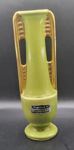 Vintage Shawnee Art Pottery Bud Vase 1178 Avacado Green Gold Handle USA Souvenir - Picture 1 of 9