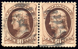 US 187 10c 1879 Thomas Jefferson pair soft paper no secret mark - Picture 1 of 2