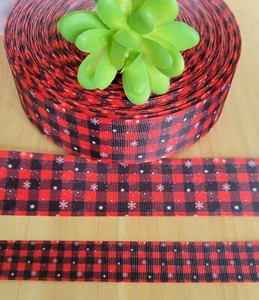 5/8, 7/8 & 1.5"  (1 YD) Buffalo Plaid Christmas Grosgrain Ribbon Snowflakes - Picture 1 of 1