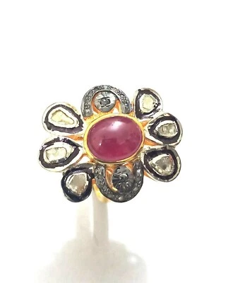 Victorian Ring Pave Diamond & Polki Ruby Gemstone 925 Sterling Silver Ring Gift - Image 1 of 4