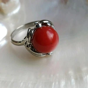 Vintage Sterling Silber Ring. Rote Koralle Naturkoralle. Japan, 1960-80er Jahre, 3,8g. - Bild 1 von 8