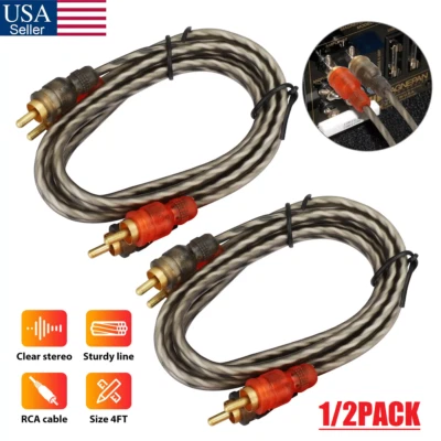 2Pcs RCA Cables 2 Channel Twisted 4Ft Car Audio Shielded Interconnect Amp Wire - Image 1 of 4
