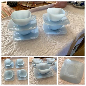 CONJUNTOS DE TAZAS Y PLATILLOS CUADRADOS ANCHOR HOCKING FIRE KING AZUL DELFITO AZURITA ~4 - Imagen 1 de 8