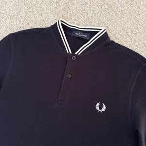Fred Perry M4526 Short Sleeve Grandad Collar Polo Shirt Navy Blue Mens Medium M - Picture 1 of 13