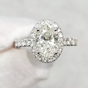 3Ct Oval-Cut VVS1 Moissanite Halo Engagement Ring 14k White Gold Plated - Picture 1 of 6