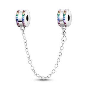 Double Rainbow Crystal Clip Safety Chain Charm Sterling Silver 925 Bead Gift - Picture 1 of 1