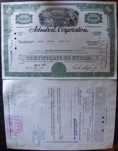 Certificado de acciones de Admiral Corporation Payee TEGGE & Co 1971. - Imagen 1 de 1