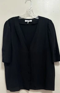 Frame Olivia Black 100% Silk 3/4 Puff Sleeve V Neck Button Down Blouse Sz XL - Picture 1 of 9