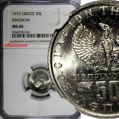 Greece Constantine II Copper-Nickel 1973 50 Lepta NGC MS66 KM# 97.1 (026) - Image 1 of 4