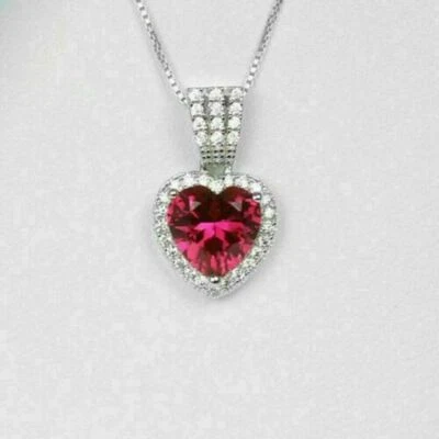 2Ct Heart Shape Red Ruby Gift For Women's Pendant 14K White Gold Over Free Chain - Image 1 of 4