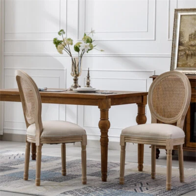 Silla de comedor con respaldo de ratán de tela de lino con marco de madera maciza estilo francés de 2 piezas, crema Foto 1 de 4