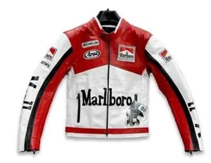 Men's Marlboro Vintage real Leather Motorcycle red & White Racing biker Jacket. - Picture 1 of 7