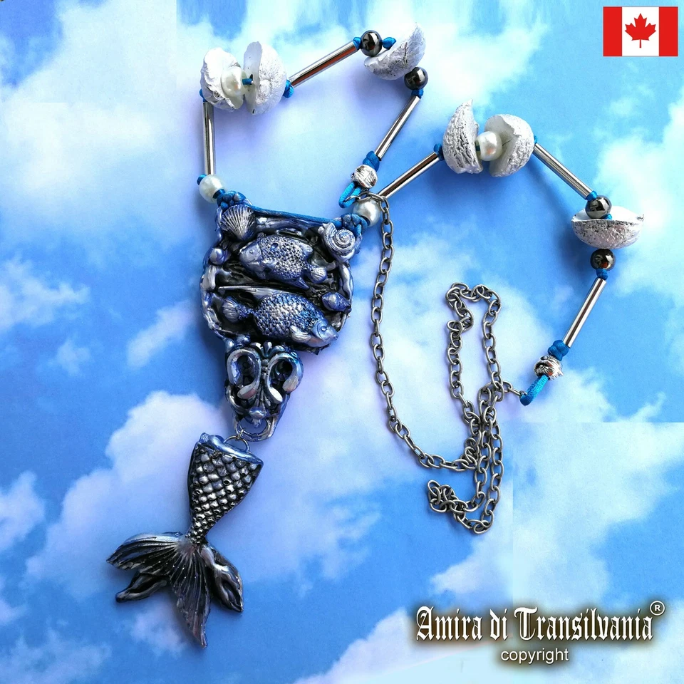 Collar Joyería Fina Hecho por Artista Joyería Art Deco Sirena Cola de Pez Sirena Babero Foto 1 de 4