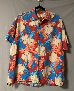 Caribbean Pure Silk Button Up Shirt Large Hawaiian Shirt 100% Silk Red Floral - Picture 1 of 15