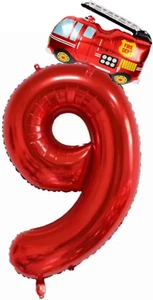 Firefighter Party Decorations - Fire Truck Balloons, Number 9 Red, 9Th Birthday - Picture 1 of 3