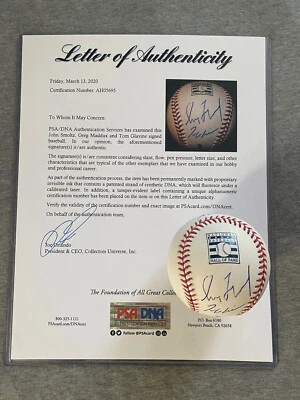 TOM GLAVINE GREG MADDUX JOHN SMOLTZ AUTOGRAPH HALL OF FAME LOGO BASEBALL PSA 695 - Image 1 of 4