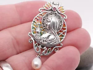 Plata de Ley Esmalte Plique-à-jour Rubí Perla Marcasita Sagrada María Broche - Imagen 1 de 7