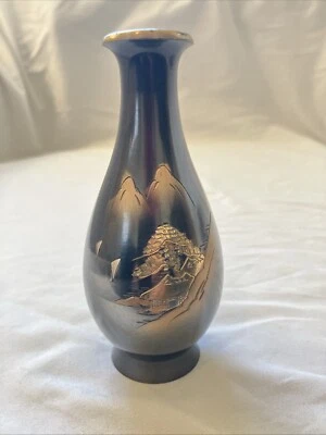 Vintage Japanese Chokin Bronze Brass Etched Metal Bud Vase 4 1/2” House Land Sea - Image 1 of 4