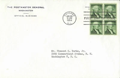1954 FDC, #1031, 1c George Washington, Postmaster General embossed envelope - Image 1 of 2