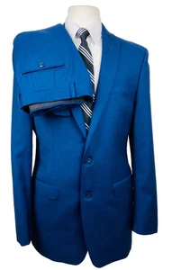 CALVIN KLEIN Mens 40L Blue Soft 100% Wool Slim 2 Piece Suit With Pants 34x32 - Picture 1 of 14