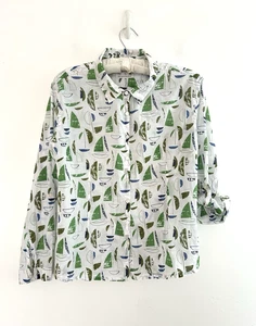 Seasalt Larissa Shirt Women's Patterned White Green Long Roll Tab Sleeve Size 14 - Picture 1 of 7
