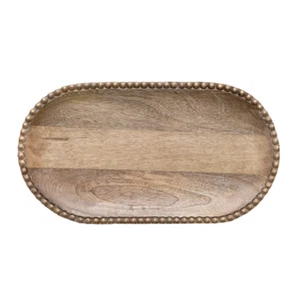 NEW! Hand-Carved Beaded Mango Wood Tray Shimmery Gold Finish Rustic Elegance - Picture 1 of 6