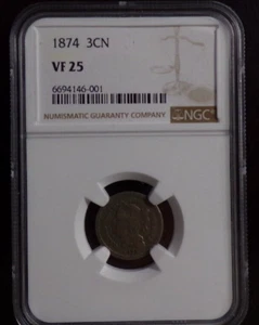 1874 US Nickel Three-Cent Piece 3CN - NGC VF25 - Picture 1 of 2