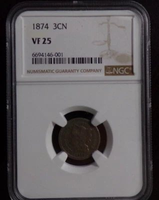 1874 US Nickel Three-Cent Piece 3CN - NGC VF25 - Image 1 of 2