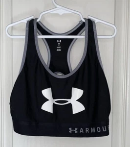 Under Armour Mid Keyhole Graphic Sports Bra 1344333 Black With Grey Piping Sx M - Picture 1 of 13