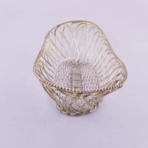 Oblong Metal Wire Basket Braided Silver Tone Woven Bread/Fruit Bowl 12 in Cover