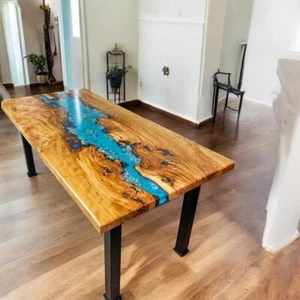 Tavolo da pranzo in resina epossidica blu fatto a mano legno bordo vivo arredo corridoio decorazioni - Foto 1 di 10