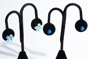 Vintage Fashion Earrings, 2 pair, Blue Plastic Studs & Blue Custom Flowers - Picture 1 of 9