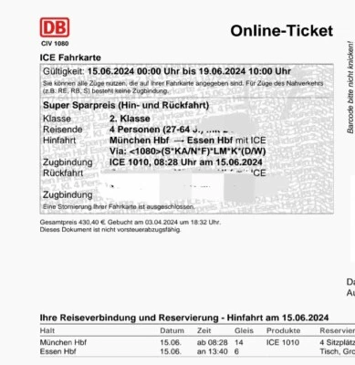 Zugticket(s) 15.06 München-Frankfurt- Köln-Düsseldorf-essen - Bild 1 von 3