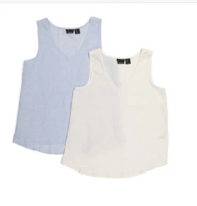 TAHARI WOMEN Small Set 2 Linen Tank Tops LIGHT BLUE & White VNECK SLEEVELESS - Picture 1 of 5