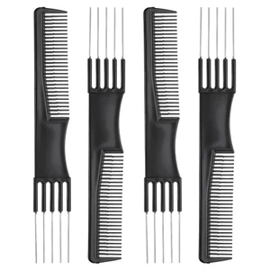 4Pcs Black Combs with Metal Prong, Carbon Lift Teasing Combs with 5 Stainless St - Picture 1 of 12