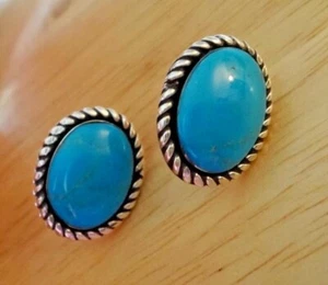 Sterling Silver 19x14mm oval shape Handcrafted Turquoise Navajo Stud Earrings - Picture 1 of 3