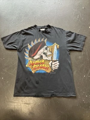 Vintage Distressed 90s Armed Deadly Skull Knife Harley Biker Shirt Fade Black L - Image 1 of 4