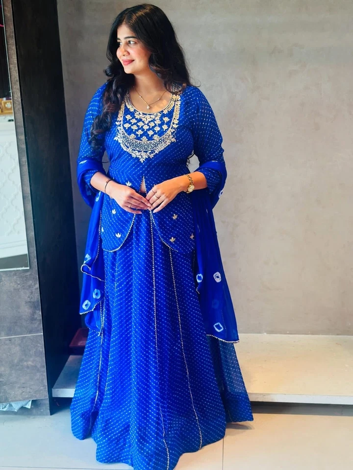 Royal Blue Embroidered Georgette Anarkali Set with Printed Dupatta(S To 3Xl) - Image 1 of 4