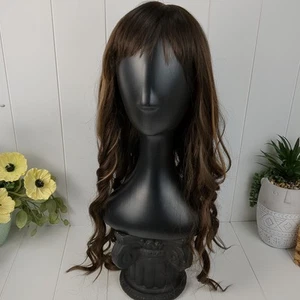 Long Wavy Dark Brown Synthetic Hair Dress Up Wig With Bangs Highlights - Picture 1 of 9