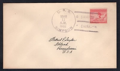 USA 1932 Navy Destroyer USS Simpson Cover from a Trip to Swatow China - Image 1 of 2