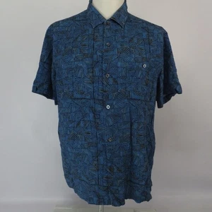 Camisa Tori Richard Hawaiana Aloha Azul Cuadrada Geométrica Abotonada Mezcla de Seda - Imagen 1 de 12