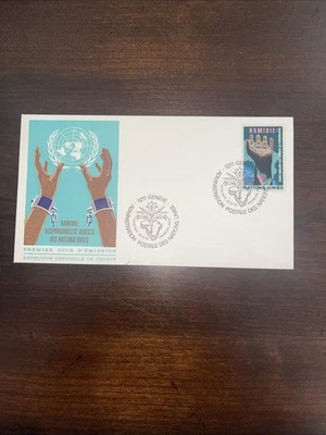 FDC 1975 GENEVA UNITED NATIONS .50 STAMP NAMIBIE RESPONSABILITE DIRECT - Image 1 of 3