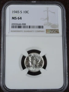1945-S Mercury Dime NGC MS 64 US Mint 10C Silver Coin BU Unc San Francisco Mint - Picture 1 of 4