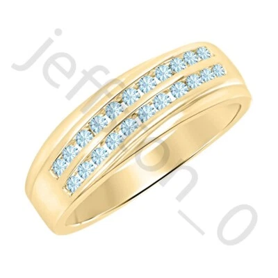 Anillo para hombre de oro amarillo de 14 quilates de aguamarina creado en laboratorio de 0,90 quilates con banda de dos filas Foto 1 de 4